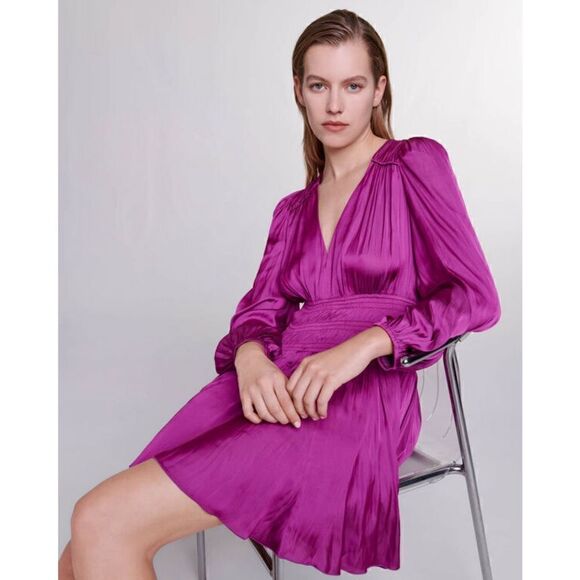 Maje SHORT SATIN-LOOK DRESS in Rose Fonse NWT Size 34/XS - Picture 2 of 9